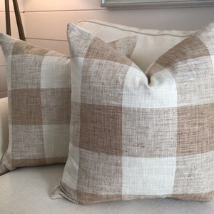 Buffalo Check linen pillow covers in soft tan harvest and off white image 1