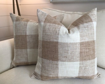 Buffalo Check linen pillow covers in soft tan "harvest" and off white