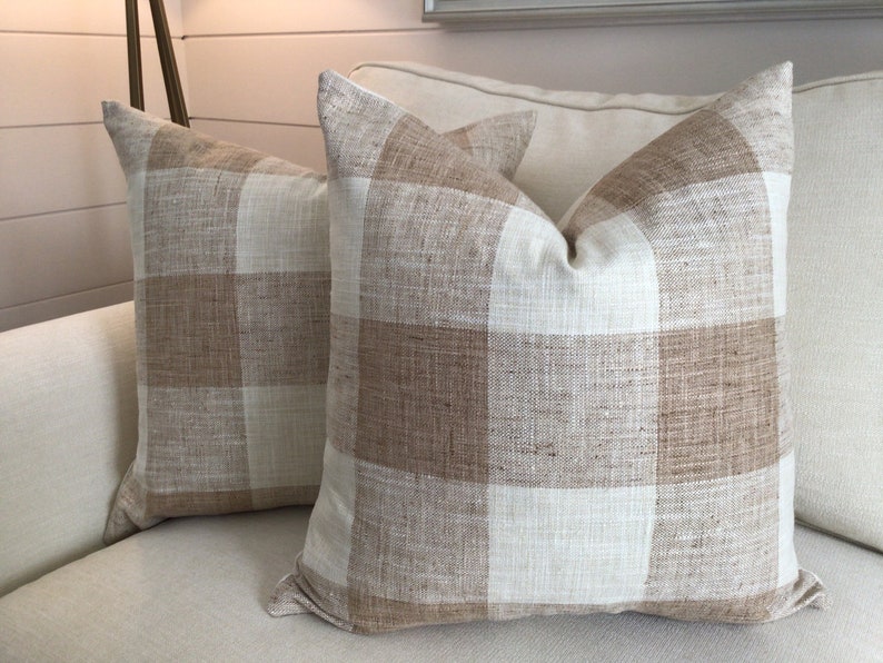 Buffalo Check linen pillow covers in soft tan harvest and off white image 1