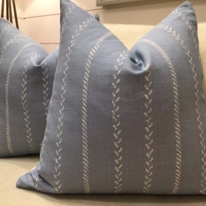 Lee Jofa “Pelham Stripe” in soft blue and white  pillow covers