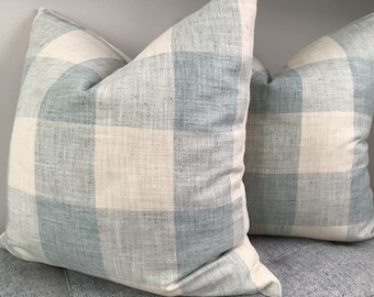 Buffalo “Check Please”linen pillow covers in soft aqua (lagoon) and off white