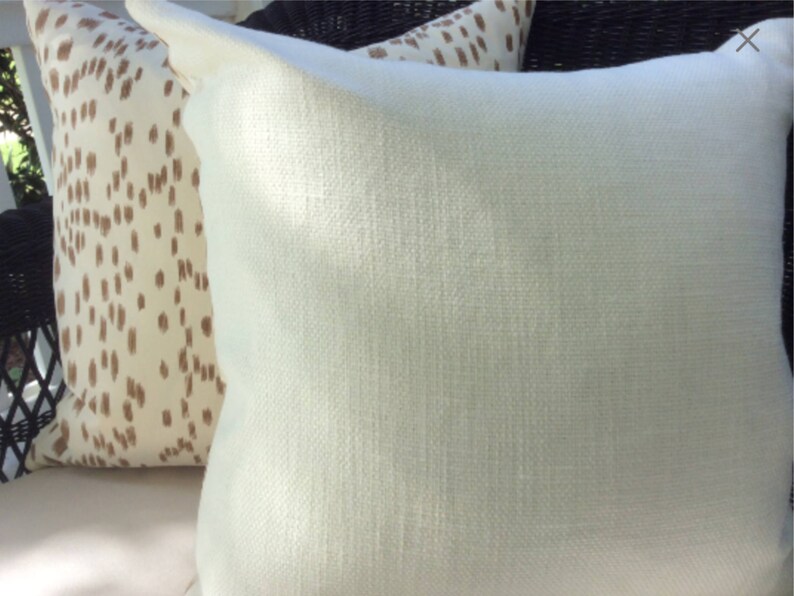 Brunschwig and Fils Pillow Cover in tan and soft white Les Touches Design off White Linen Backing