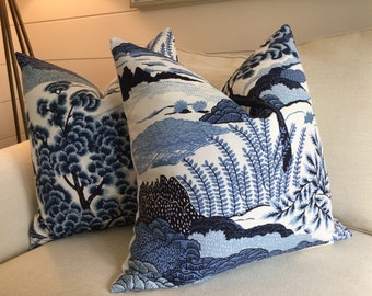 Thibaut Daintree in blue and white pillow cover