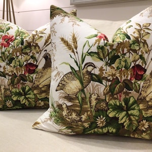 Scalamandre Pillow Cover in Quail Scene "Edwin's Covey" multi on White Background, Coordinating Soft Ivory Velvet Backing