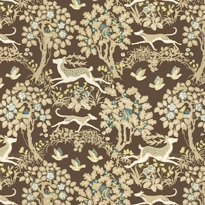 May include: A repeating pattern featuring a forest scene with deer, birds, and dogs in shades of brown, beige, and white. The design includes trees, foliage, and running animals, creating a nature-inspired aesthetic.