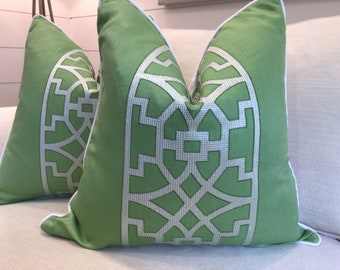 Schumacher Mary Mcdonald "Don't Fret" green linen embroidery pillow cover!