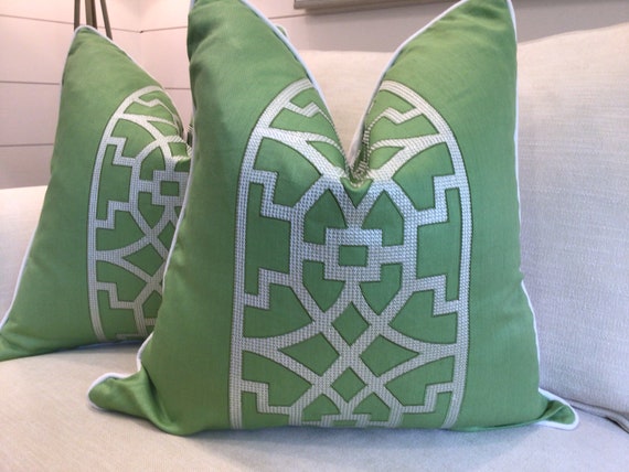 Schumacher Mary Mcdonald "Don't Fret" green linen embroidery pillow cover!