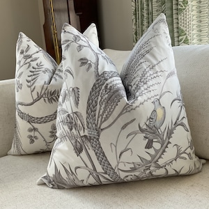 Brunschwig and Fils Bird and Thistle in Gray and white pillow cover