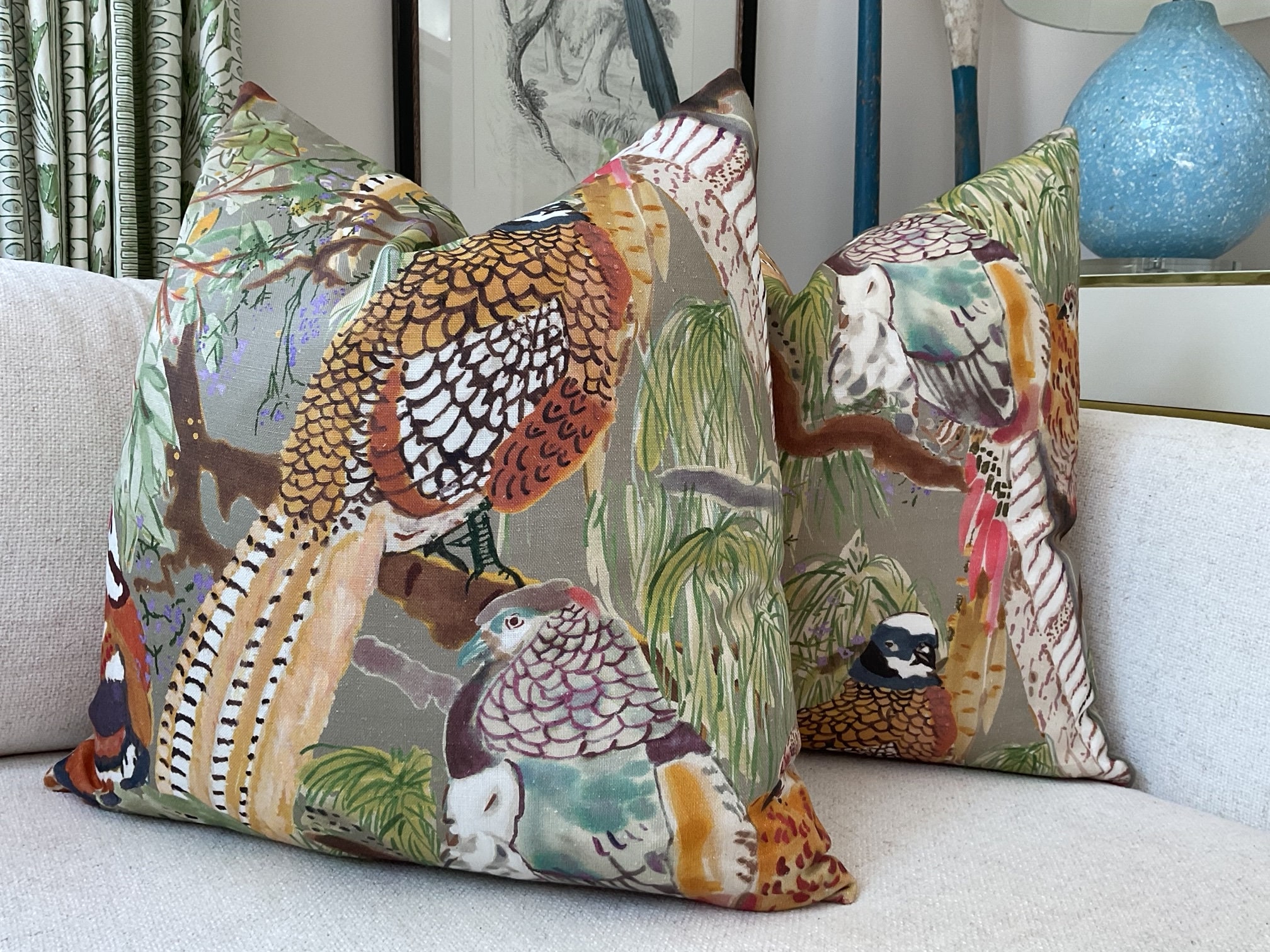 Linen Mulberry for Lee Jofa GAME BIRDS in Multi and Stone Pillow 