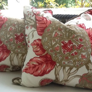 Schumacher Pillow Cover in Soft red, Tan and Khaki Floral &quot;Mandalay&quot; Linen