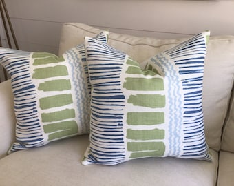 Lee Jofa “Saltaire” in indigo, lime and soft blue painterly pillow covers