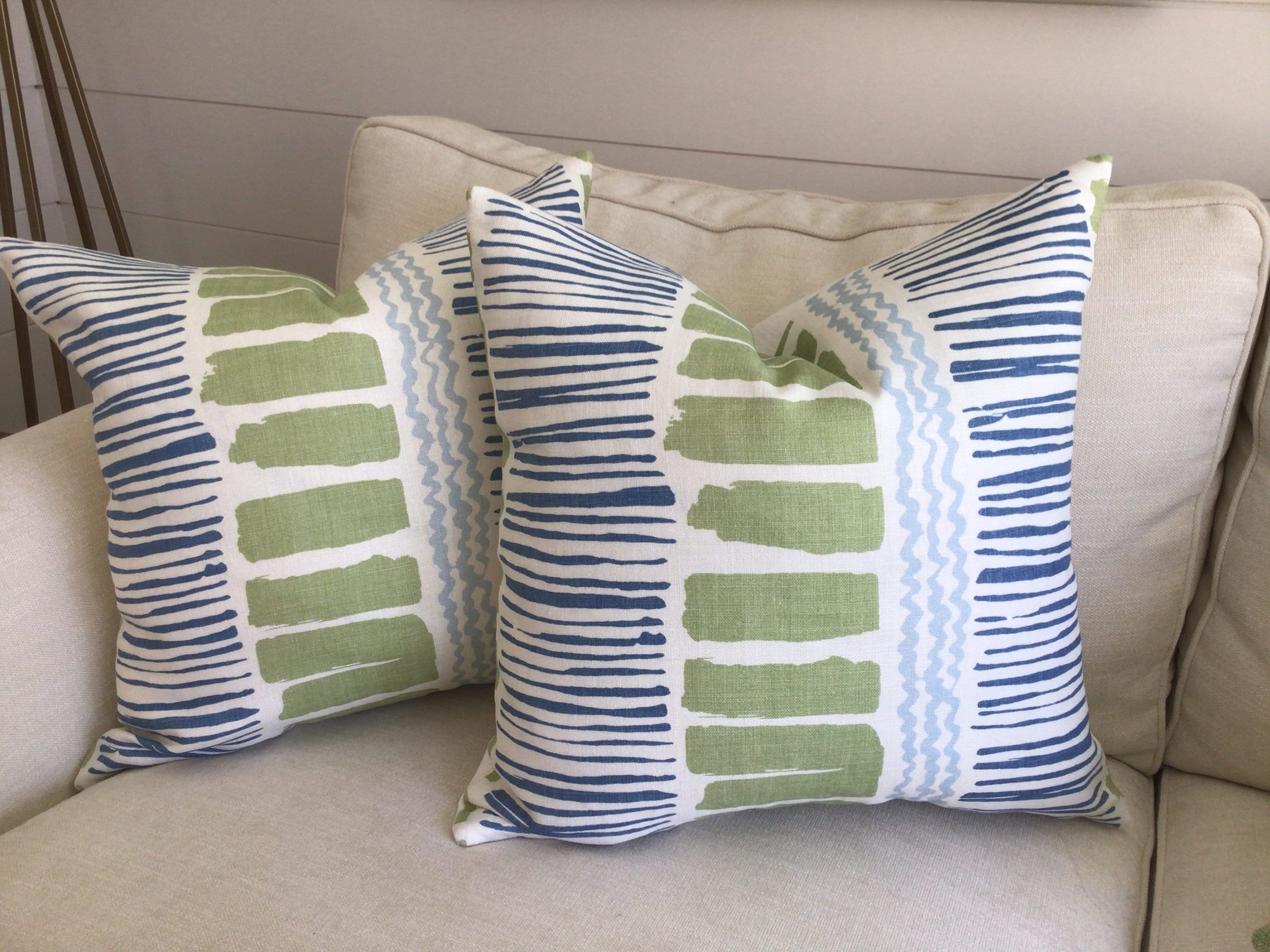 Lee Jofa “Saltaire” in indigo, lime and soft blue painterly pillow covers
