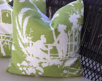 Thibaut Pillow Covers in Green and White "South Seas" Linen