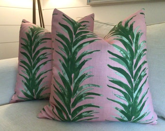 Pink and green Lacefield Palm frond pillow cover