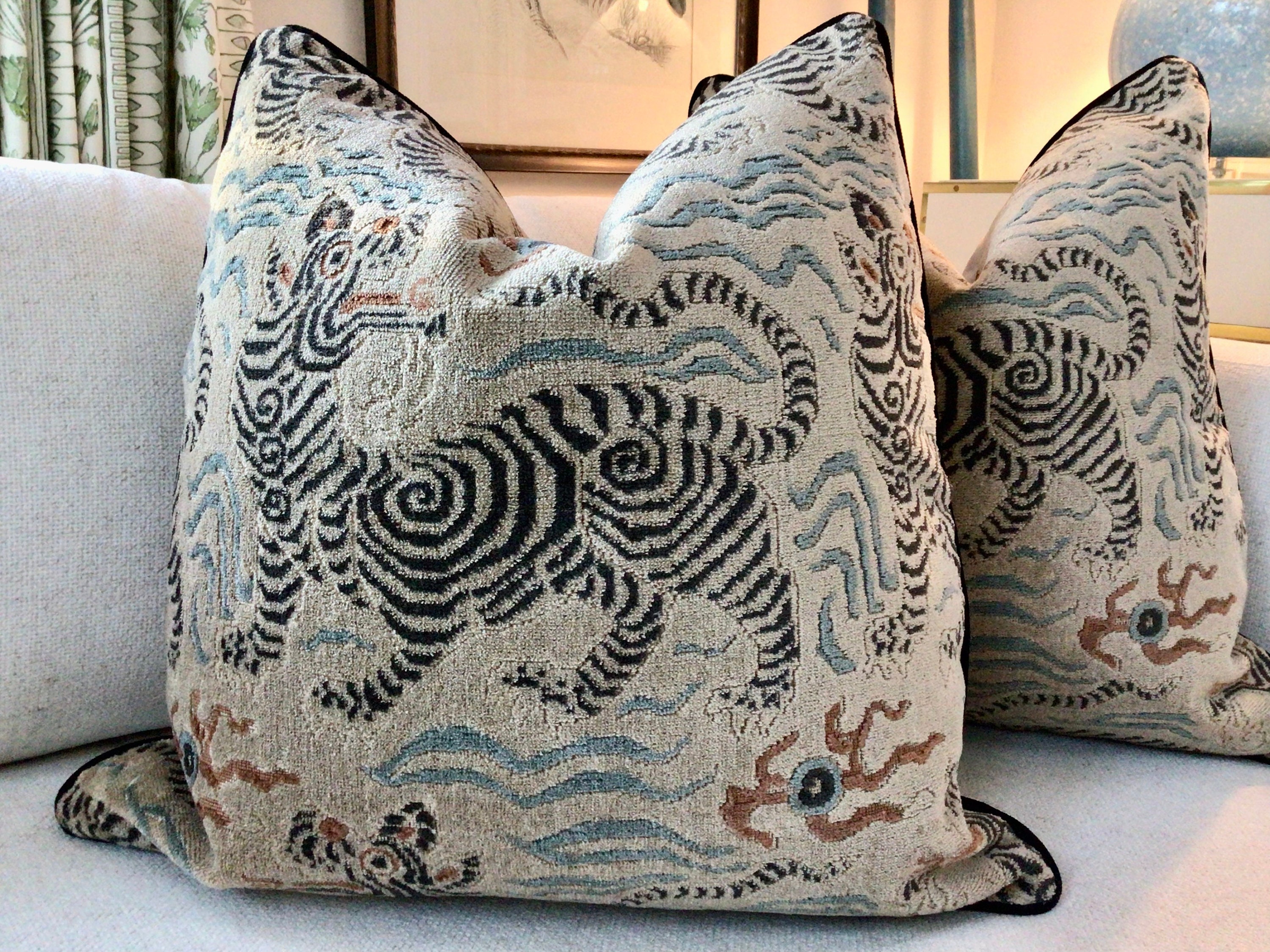 Clarence House Pillow Cover in Graphite Tibetan Dragon Raised