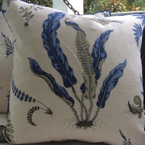 GP & J Baker Pillow Cover in Denim Blue and Khaki Linen Fern Pattern, Linen Backing, Choose Size