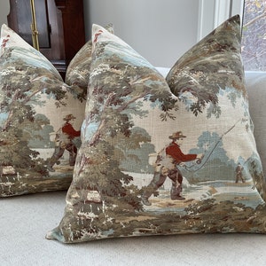 Avondale Vintage fishing (or hunting) scene in toile pillow cover