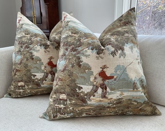Avondale Vintage fishing (or hunting) scene in toile pillow cover