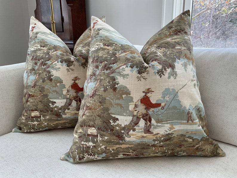 Avondale Vintage fishing (or hunting) scene in toile pillow cover