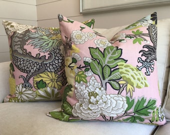 Schumacher Pillow Cover in Chiang Mai Dragon Blush Linen, A Pair