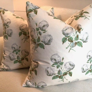 Colefax and Fowler classic "Bowood" floral pillow cover in soft grey, green on ecru cotton
