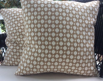 Schumacher BETWIXT Pillow Cover in Biscuit Brown and White Woven, Coordinating Linen Backing