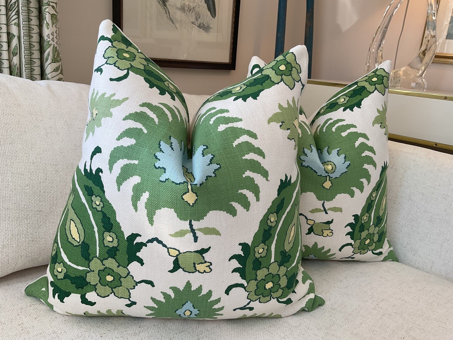 Brunschwig and Fils "Kashmiri" Green in Pillow Covers - 20 x 20-One sided inches