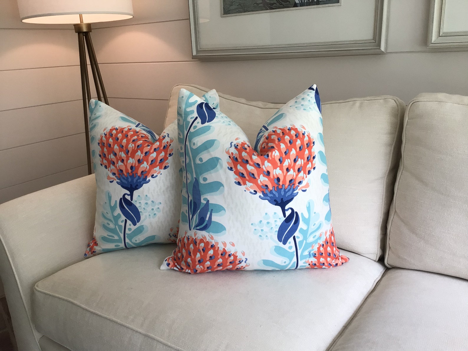 THIBAUT TIVERTON in Coral and Blue Floral Pillow Cover Etsy