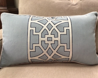 Schumacher Mary Mcdonald "Don't Fret" in sky linen embroidery pillow cover!