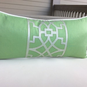 Schumacher Mary Mcdonald &quot;Don&#39;t Fret&quot; green linen embroidery pillow cover!