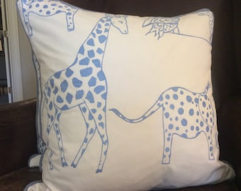 Schumacher Jungle Jubilee Pillow Cover in "SKY" , from the Lulu DK Designs for Children Collection, Blue Piping, Choose Size Option