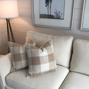 Buffalo Check linen pillow covers in soft tan harvest and off white image 4