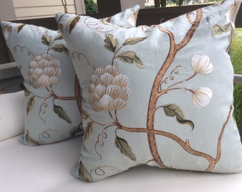 Colefax and Fowler\Cowtan and Tout "Snowtree" in soft aqua-linen pillow covers