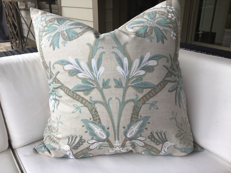 THIBAUT \u201cPeacock Garden\u201d in aqua and beige pillow cover