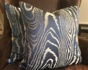 Schumacher Faux Bois Pillow Cover in Midnight Blue and Gray Woodgrain Patterned Woven Linen, Linen Backing, Choose Size