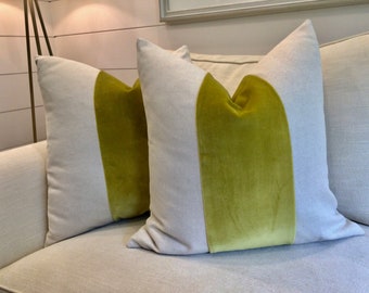 Classic Stunning Chartreuse Velvet Panel with Oatmeal Linen pillow cover
