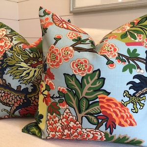 Schumacher Pillow Cover in Chiang Mai Dragon Aquamarine Linen- A Pair