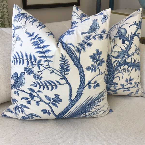 Brunschwig and Fils Bird and Thistle in blue and white pillow cover