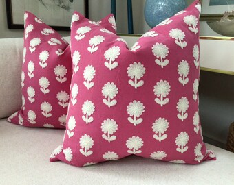 Schumacher "Paley" Pillow Cover in Pink Green and White Linen