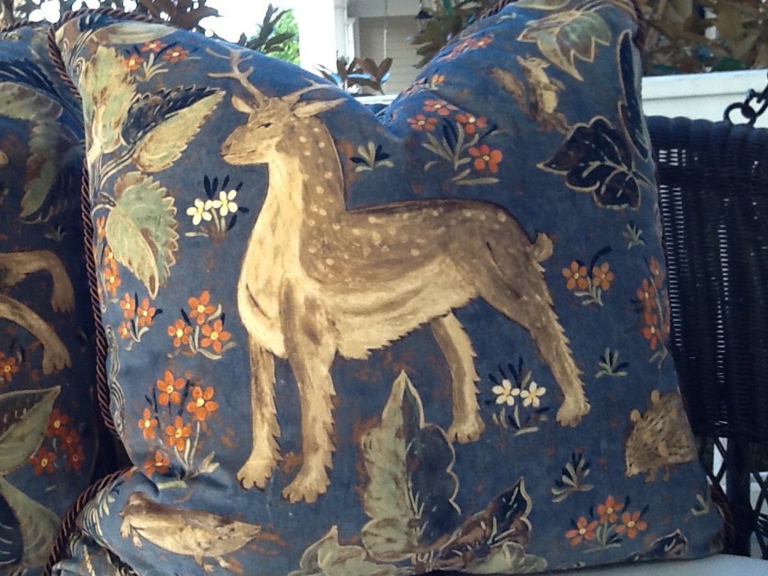Zoffany Blue ARDEN Animal Print Velvet Pillow Cover, 22x22, Down Insert