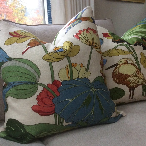 G.P. And J Baker “Nympheus” in stone and pistachio pillow covers