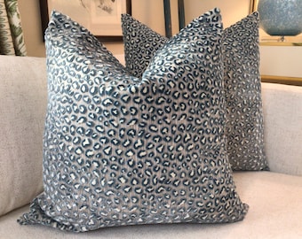Colefax and Fowler Leopard Velvet Pillow Cover, Old Blue, Ivory Back