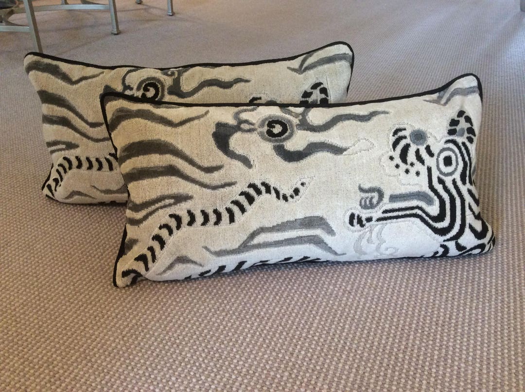 Clarence House Pillow Cover in White, Taupe Black Tibet Dragon - Main Image