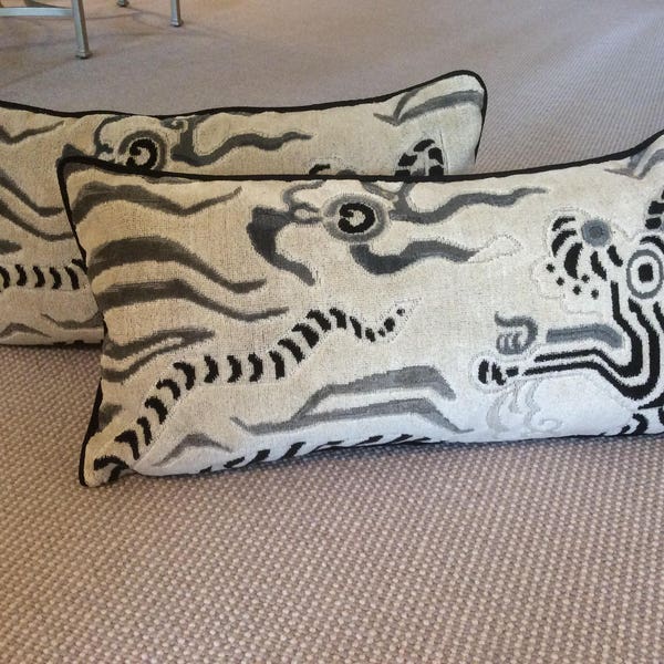 Clarence House Tibet Dragon Pillow Cover, White Taupe Black, 13x23