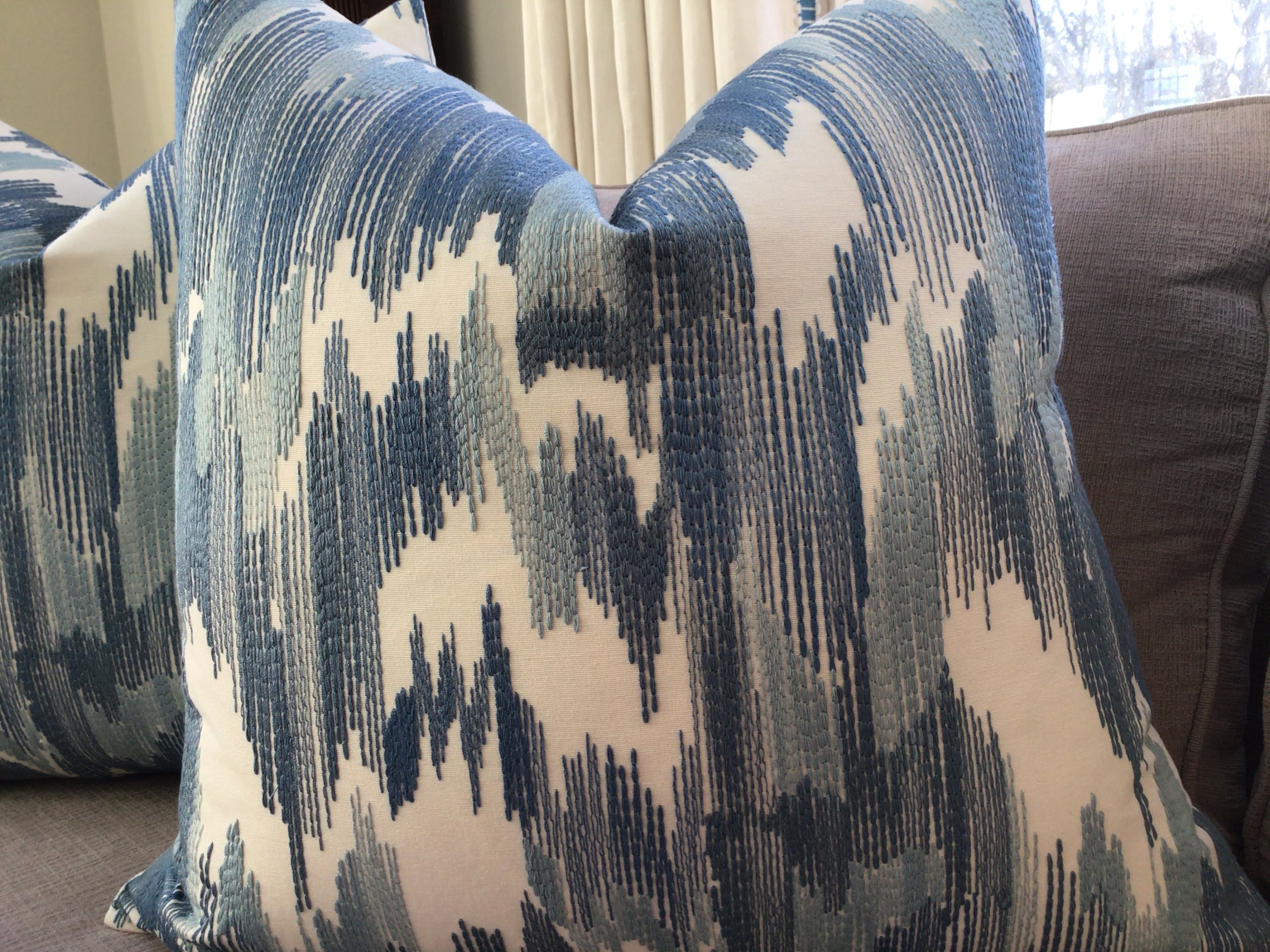 FABRICUT “OUTRAGEOUS” Ocean-embroidered pattern in ocean gray blue and sea foam green pillow cover