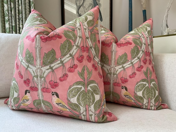 GP and J Baker “Birds and Cherries" In Coral Pillow Cover(s)