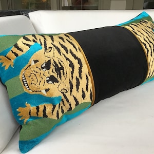 Schumacher “Jokhang Tiger” in peacock and olive pillow cover