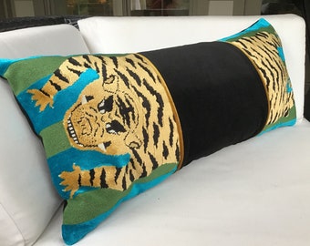 Schumacher “Jokhang Tiger” in peacock and olive pillow cover