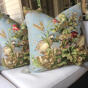 Scalamandre Pillow Cover in Quail Scene "Edwin's Covey" multi on London Blue Background, Coordinating Tan Velvet Backing