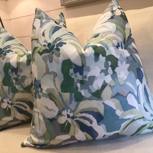 Jane Churchill for Cowtan and Tout “Hot House”  in teal and blue pillow covers